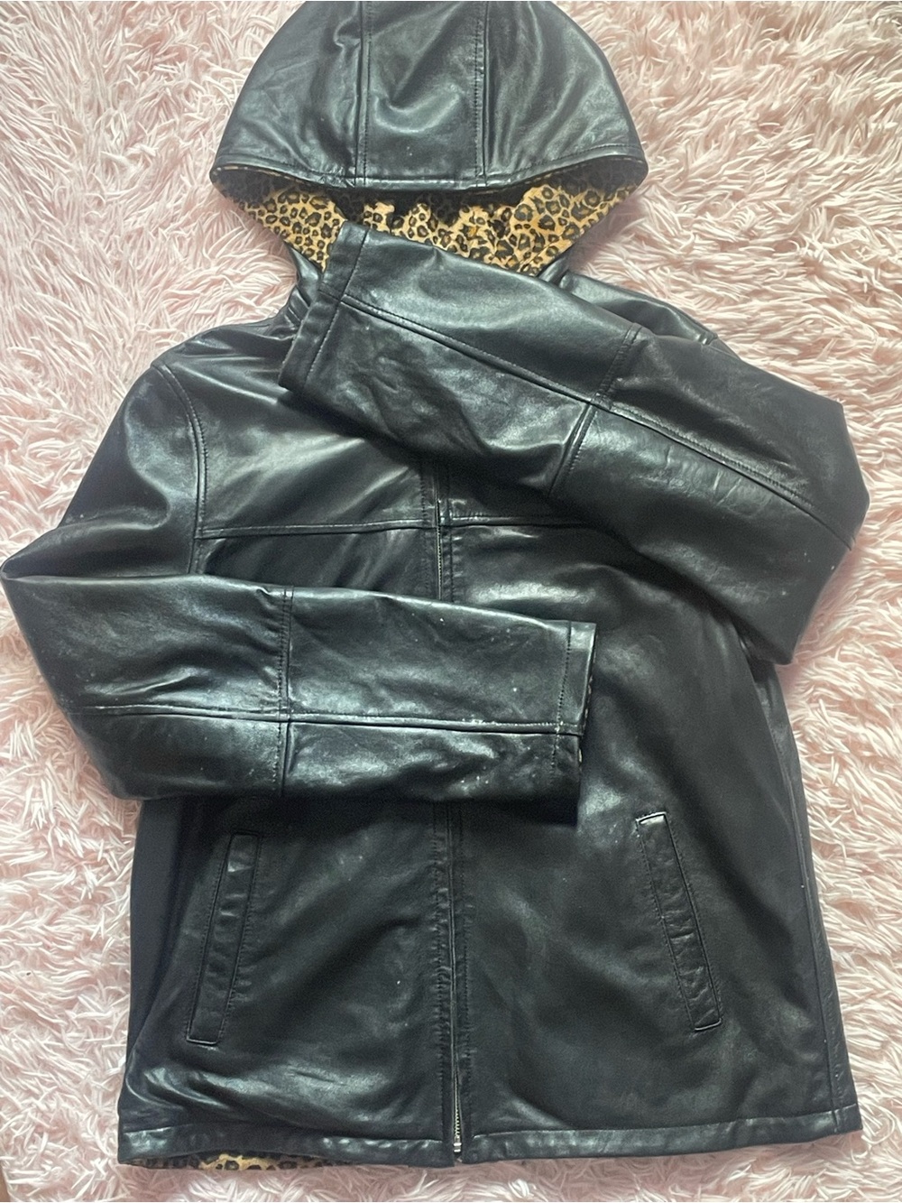 Mason Black Genuine Leather Jacket with Leopard Trim